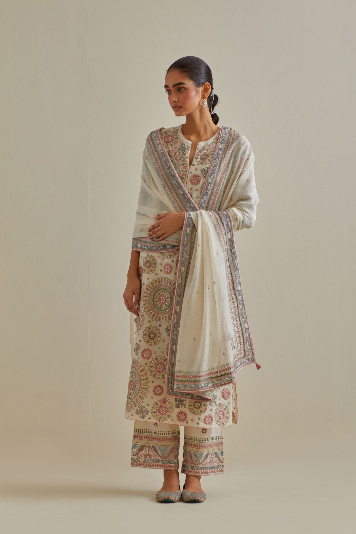 Pink and Off White Kurta Set