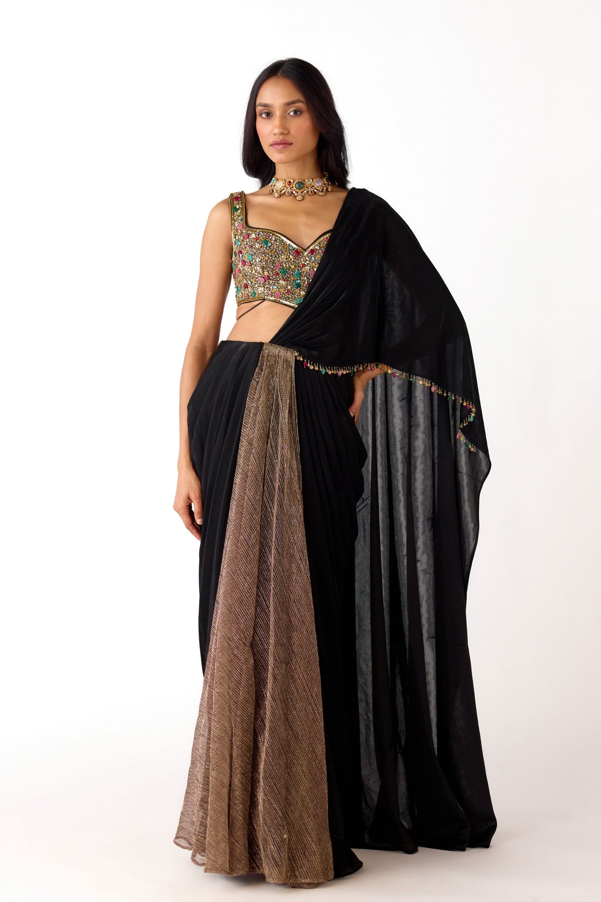 Shimmer Black Draped Saree Set
