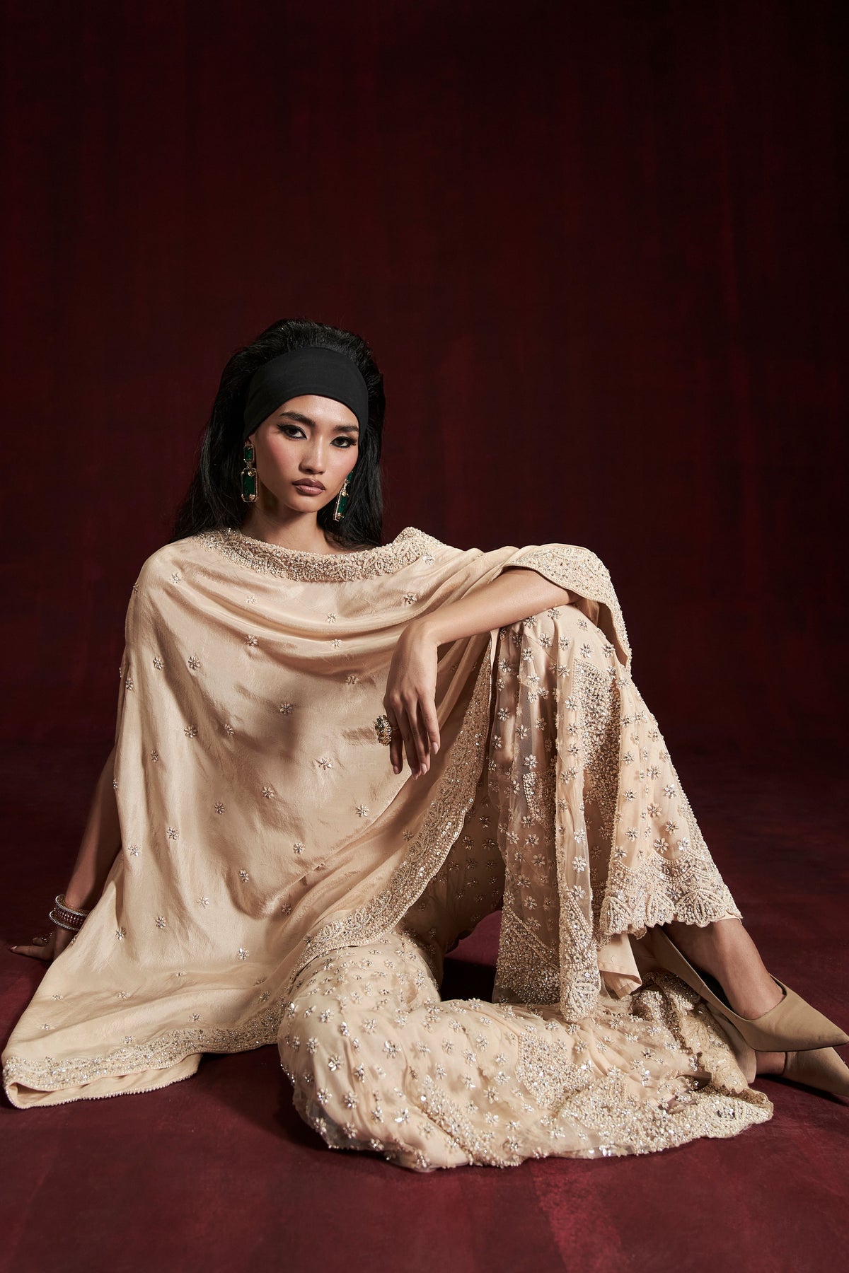 Beige Lana Sharara With Cape