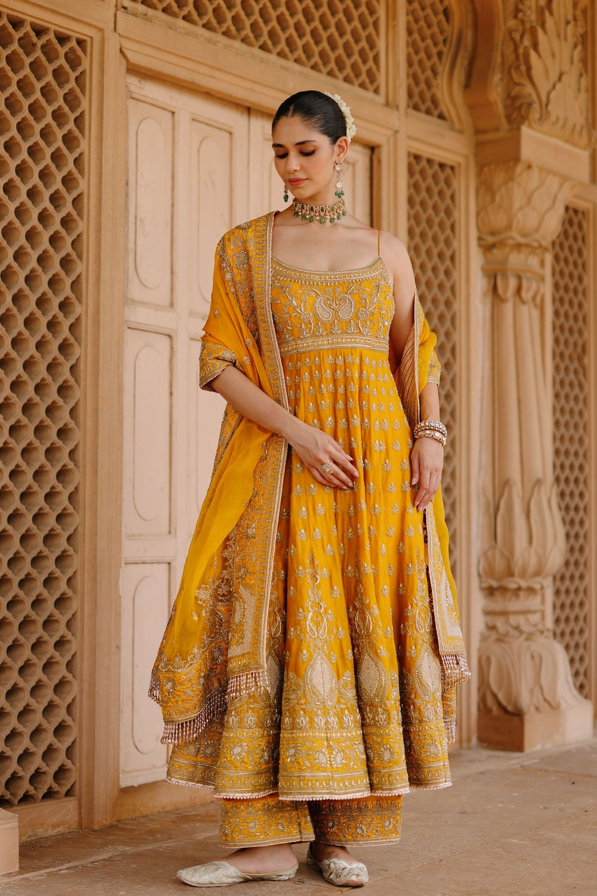 Afraa Mustard Anarkali Set