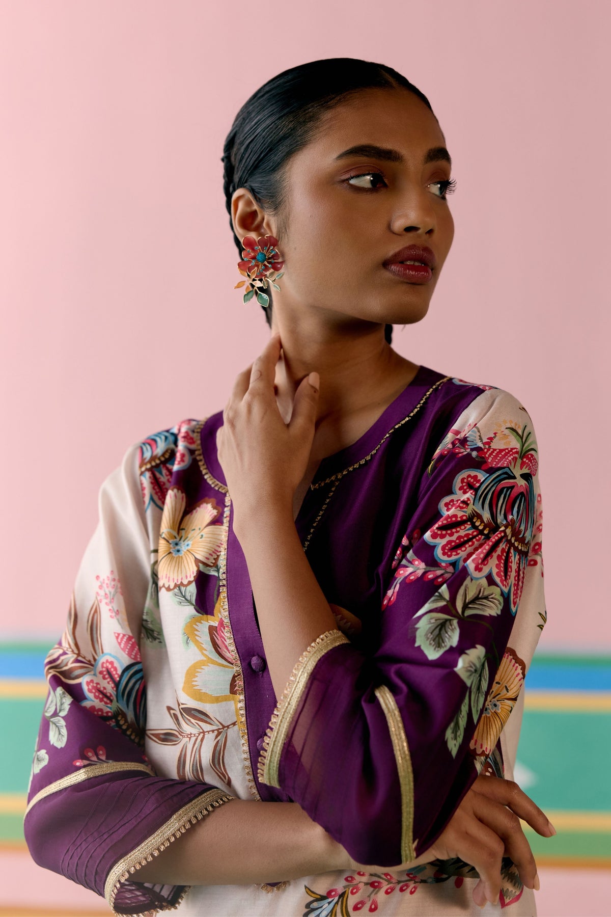 Purple Floral V-neck Kurta Set