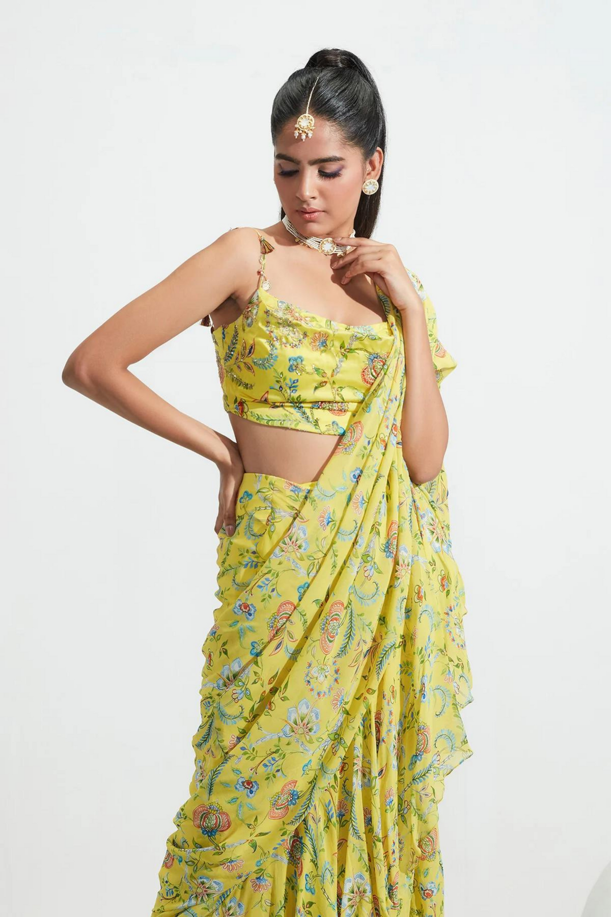 Habiba Yellow Embroidered Ruffle Draped Saree