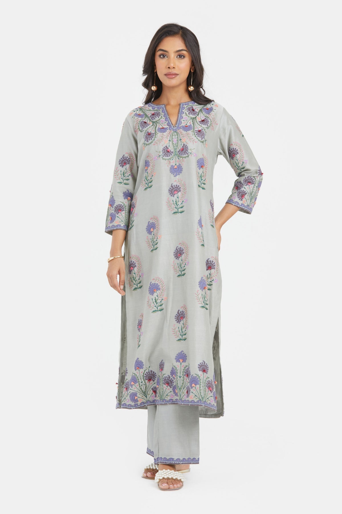Bluish Grey Silk Chanderi Kurta Set