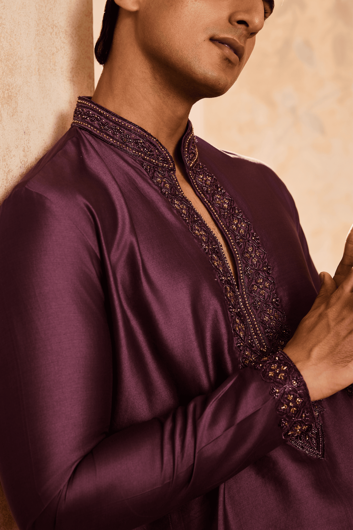 Embroidered Wine Kurta Set