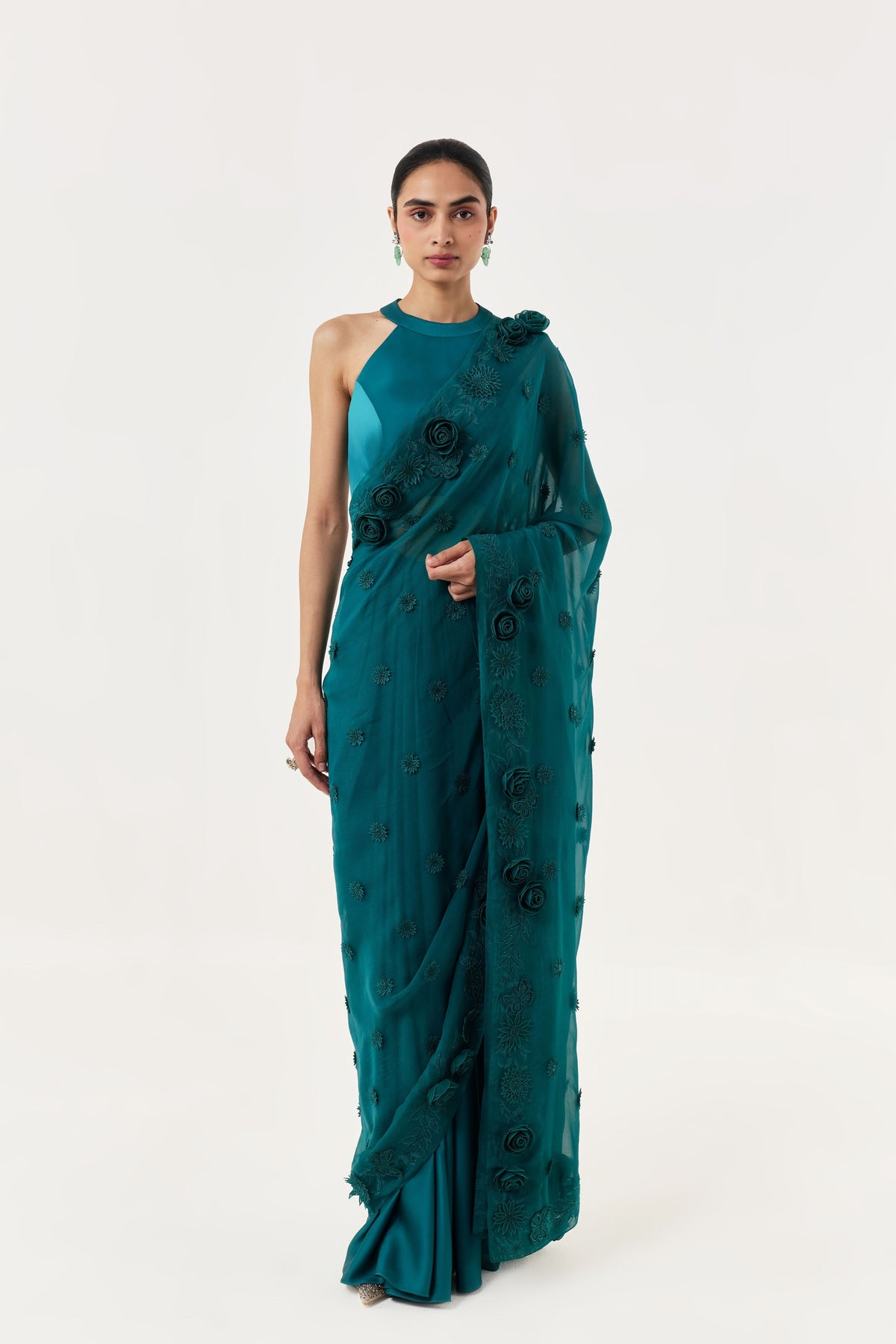 Teal Rose Saree Set