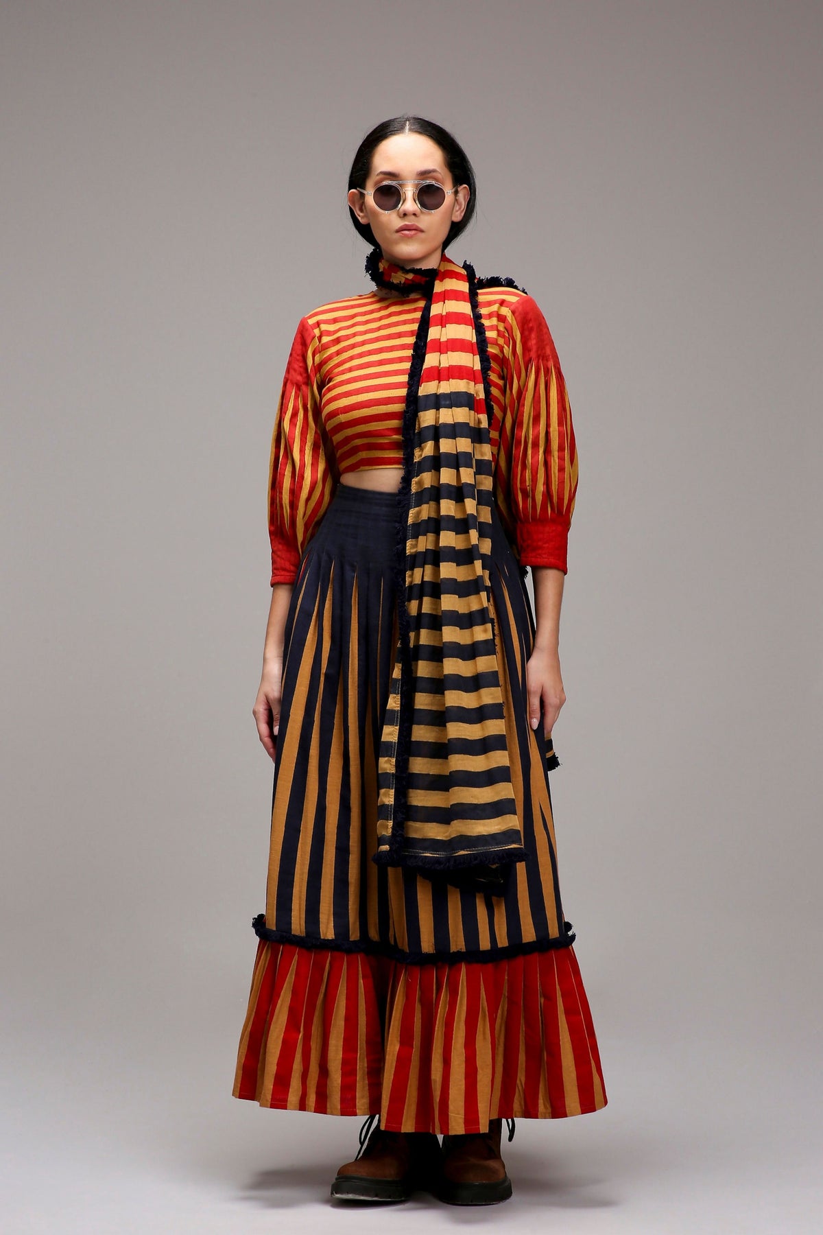 Crop Top Dual Striped Stole Skirt Set