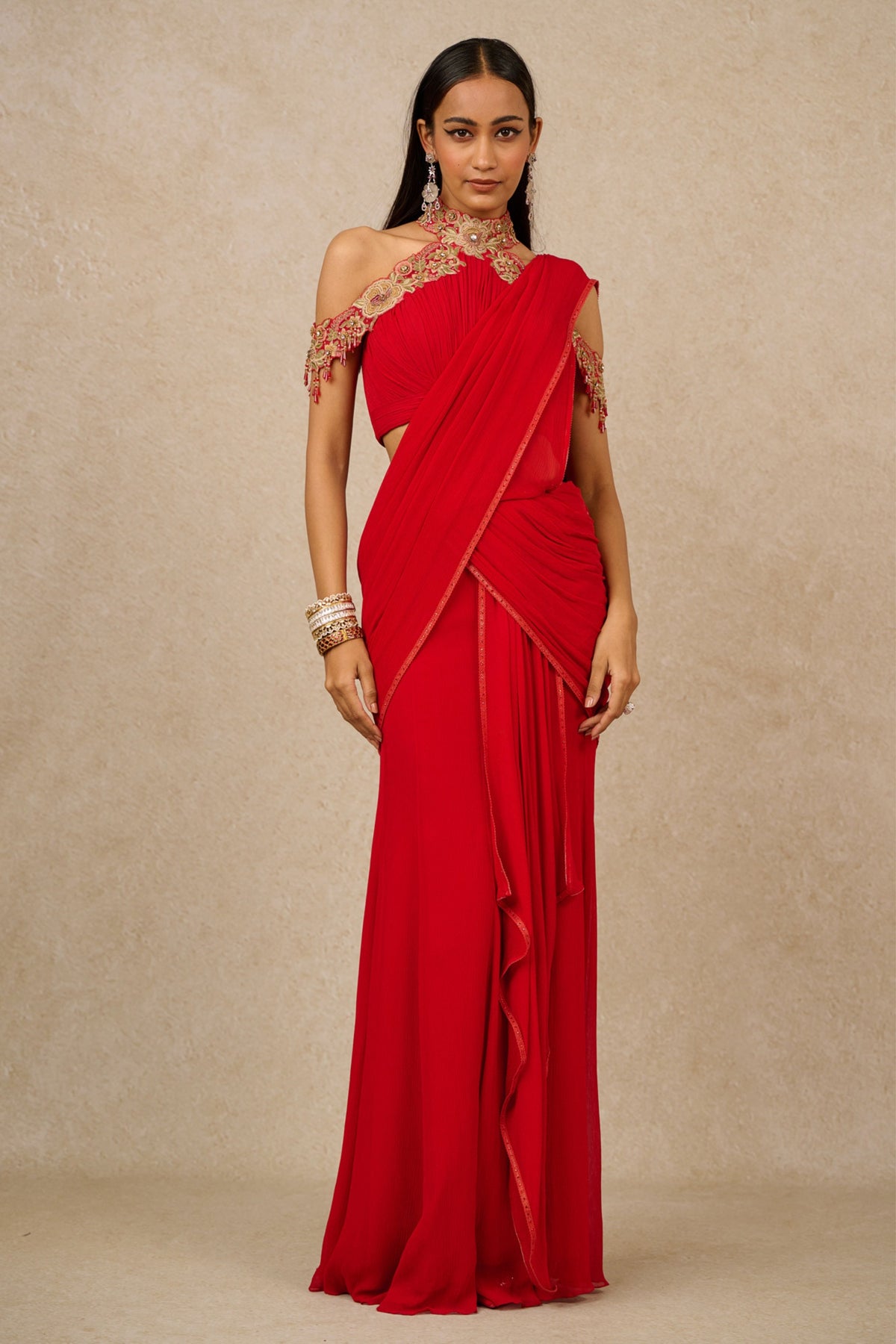 Red Off-shoulder Concept Saree