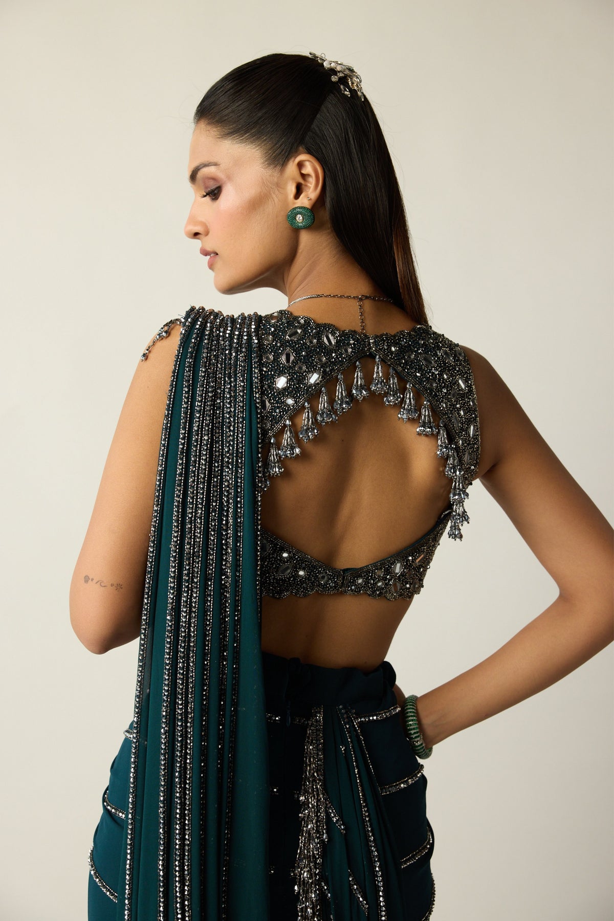 Dark Teal Linear Draped Saree
