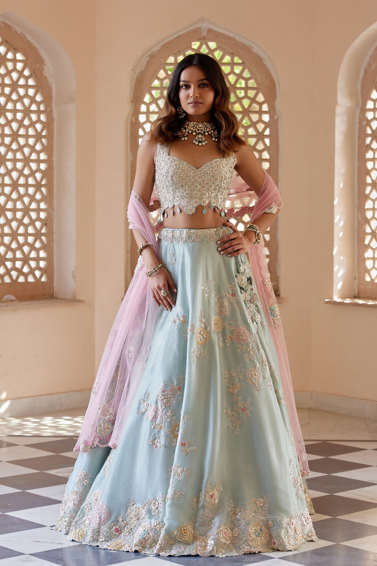 Tea Green Embroidered Lehenga Set