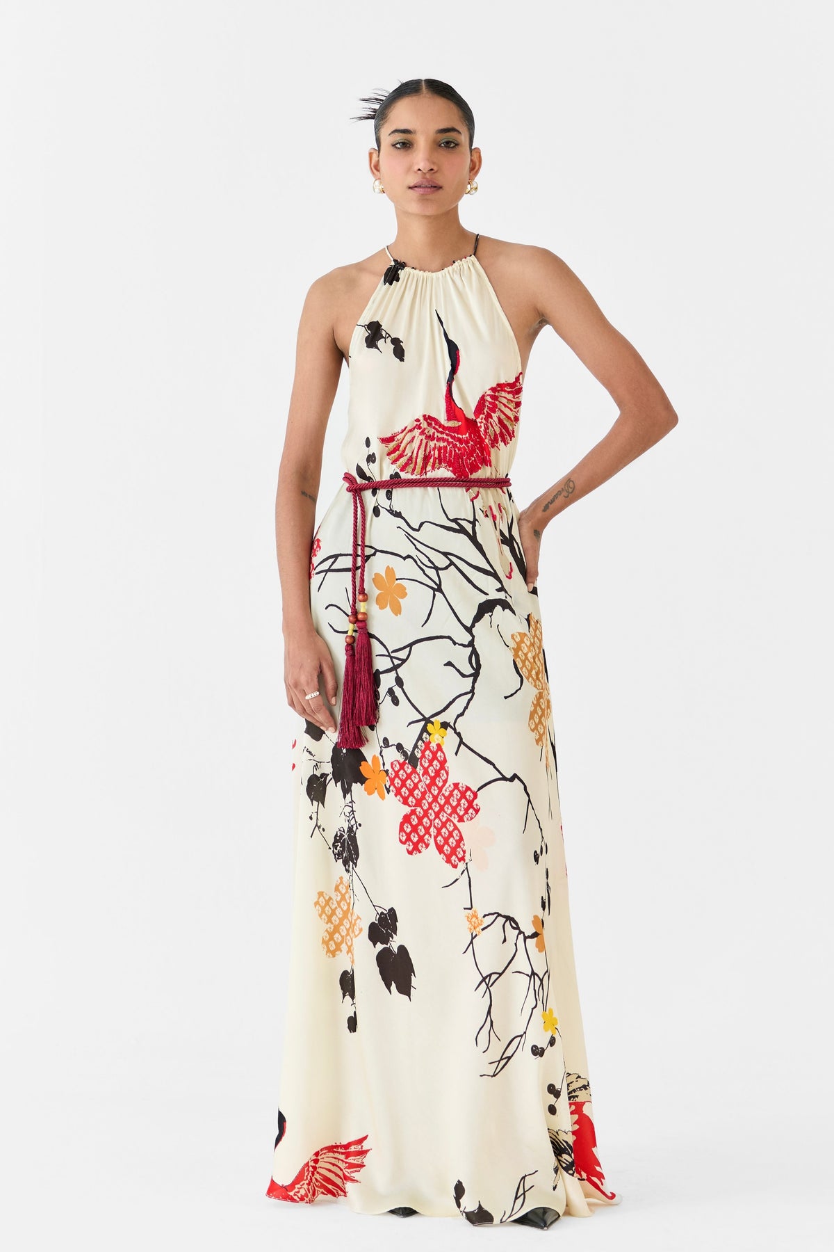 Red Crane Halter Dress