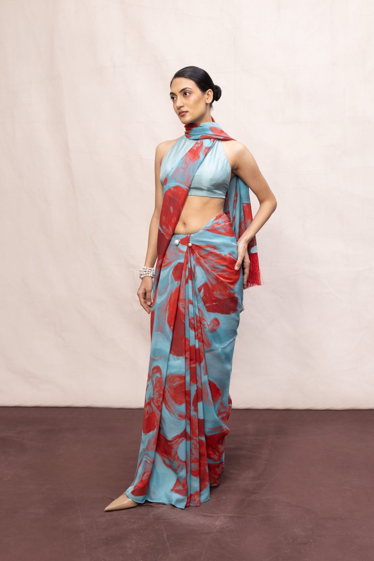 Sky Blue & Red Brush Stroke Saree