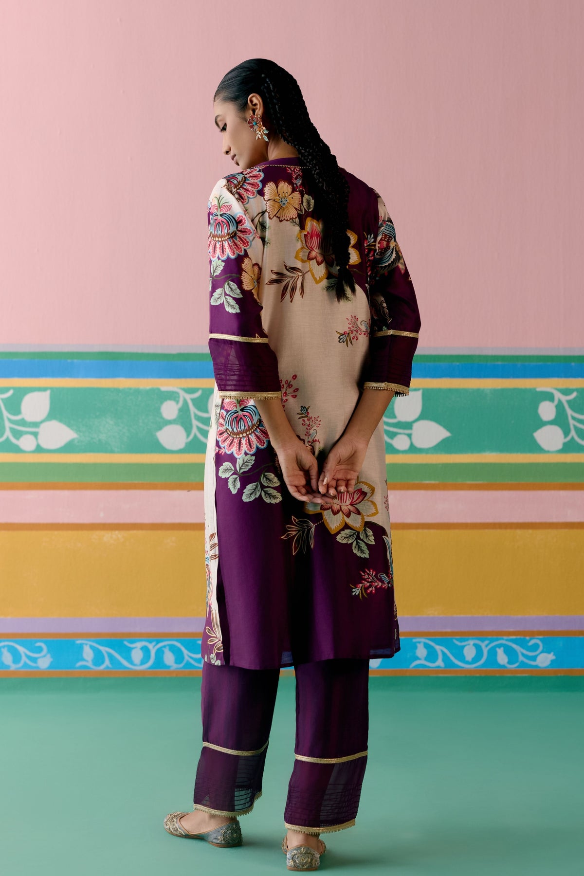 Purple Floral V-neck Kurta Set