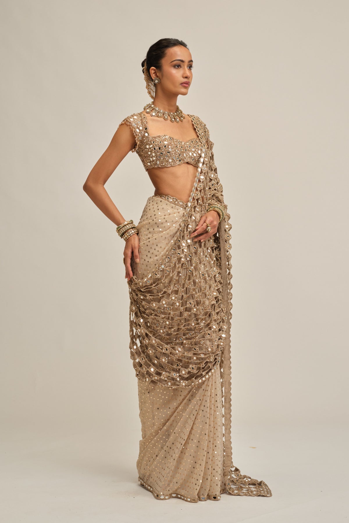 Modern Mirror Work Saree Set