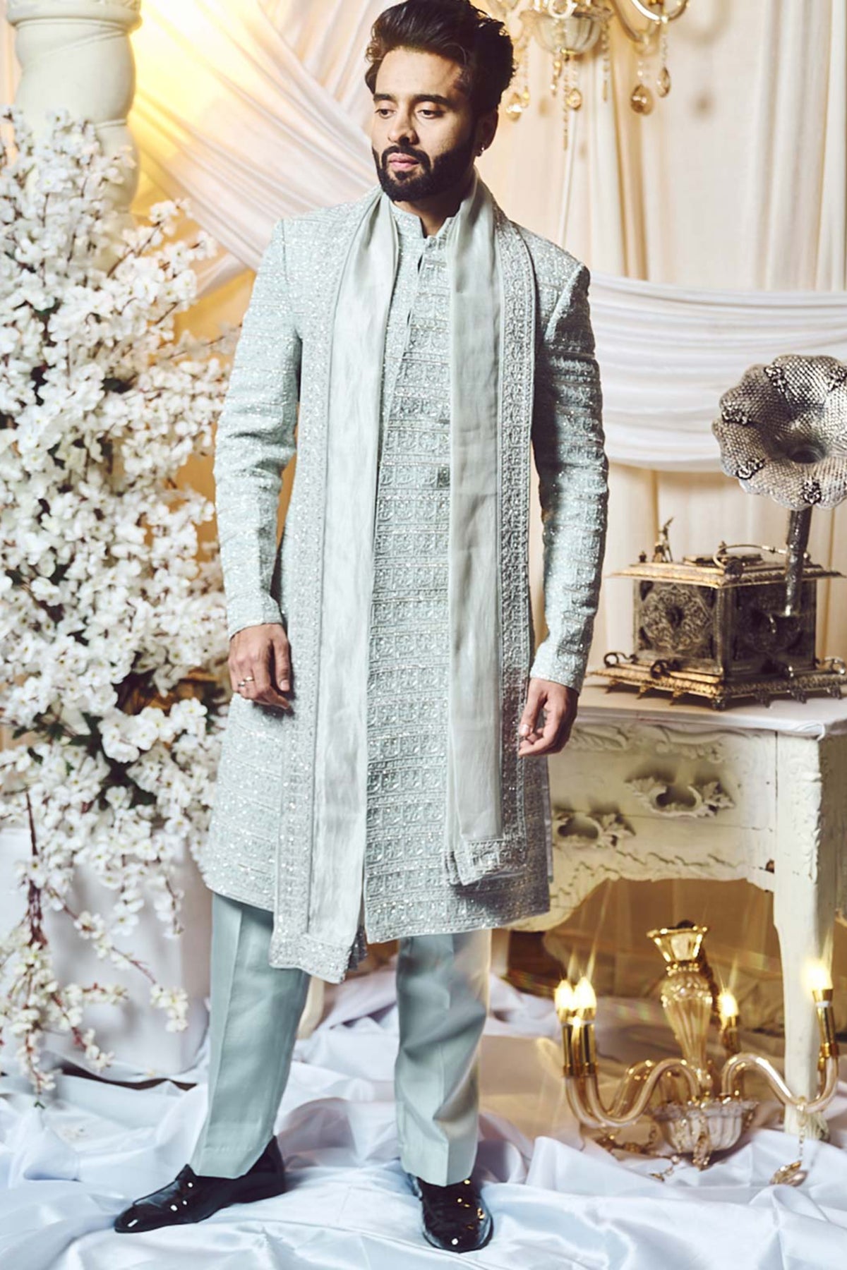 Pearl Grey Deco Sherwani Set.