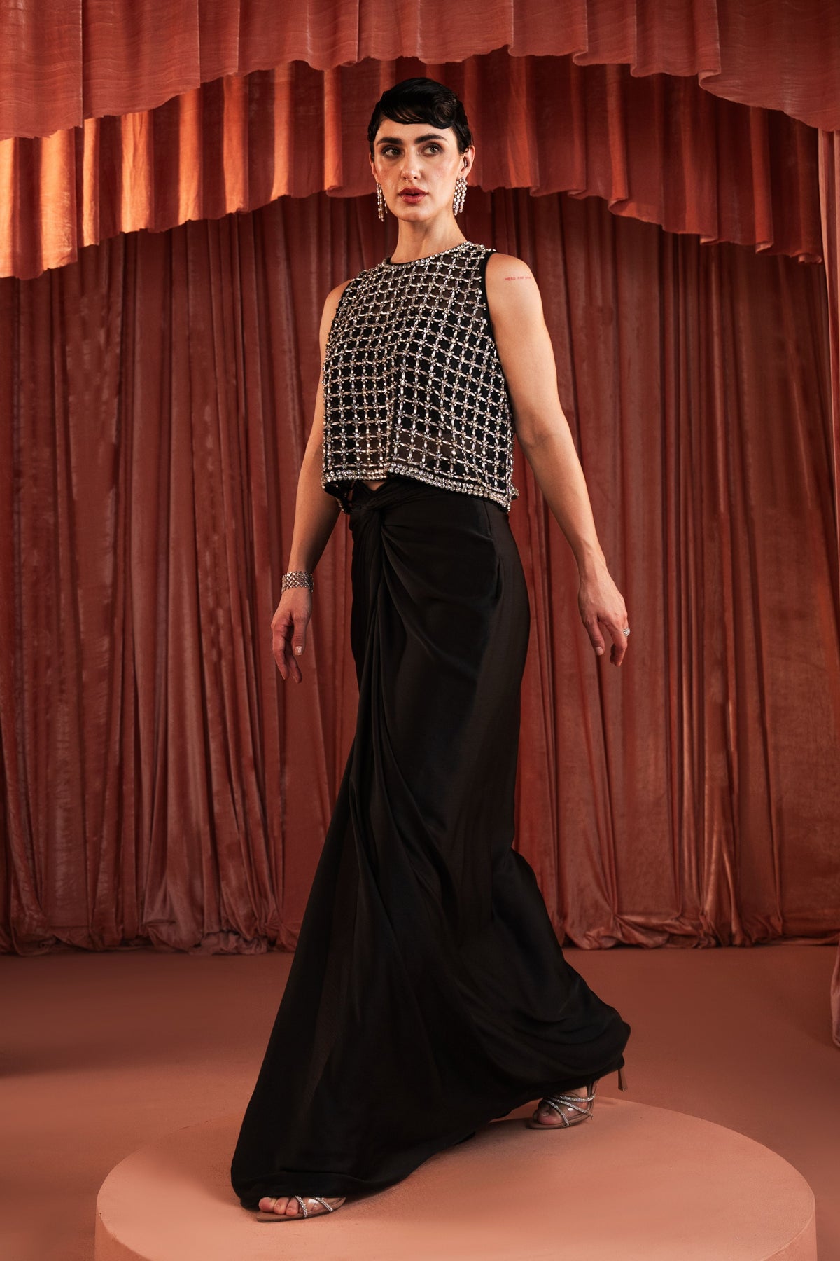 Black Sequin Draped Skirt Set