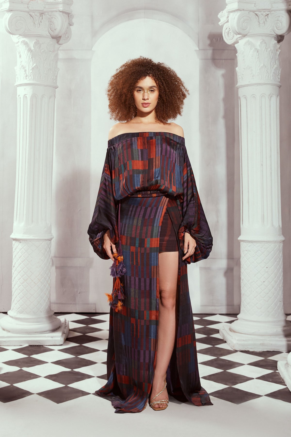 Tangerine Tile  Print Off-shoulder  Dress