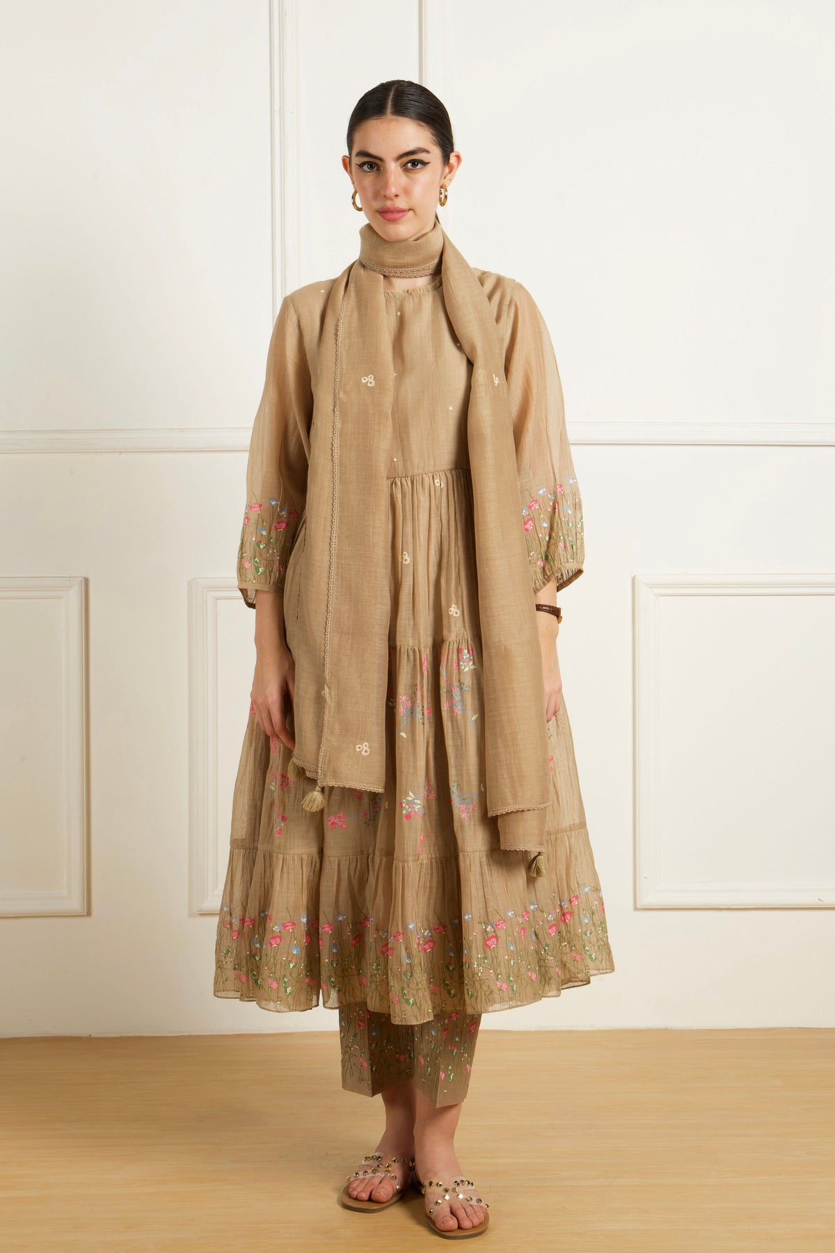 Beige Gathered Kurta Set