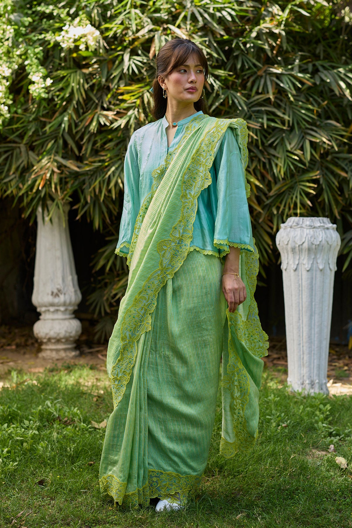 English Morning Green Embroidered Saree