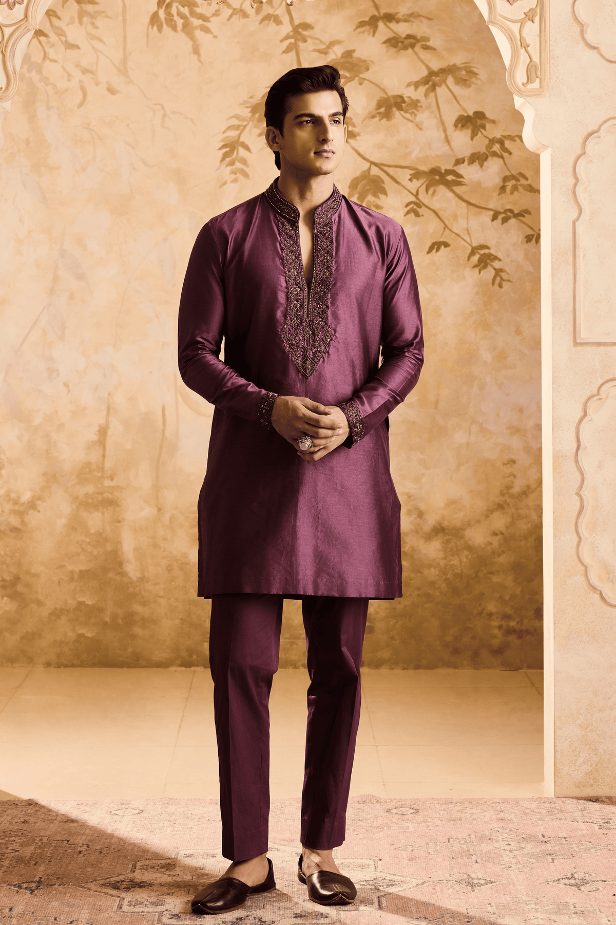 Embroidered Wine Kurta Set