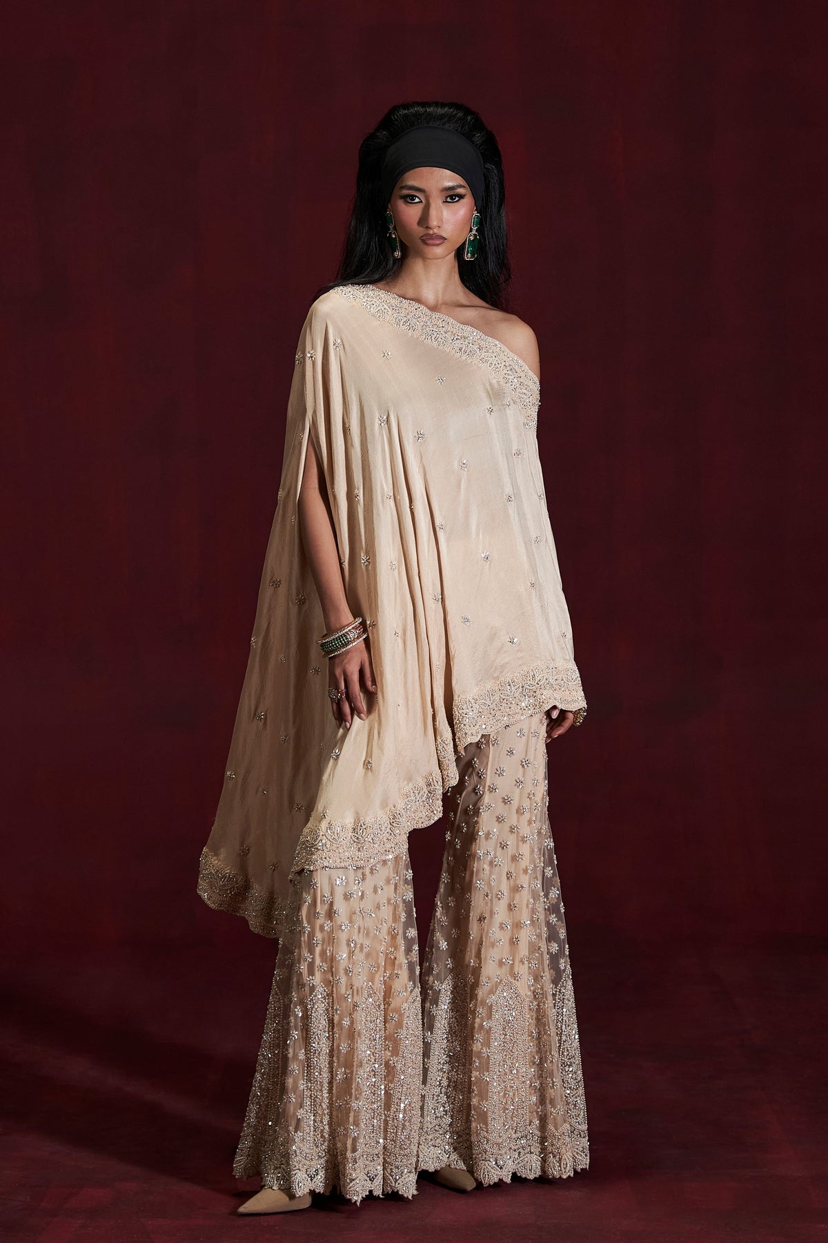 Beige Lana Sharara With Cape