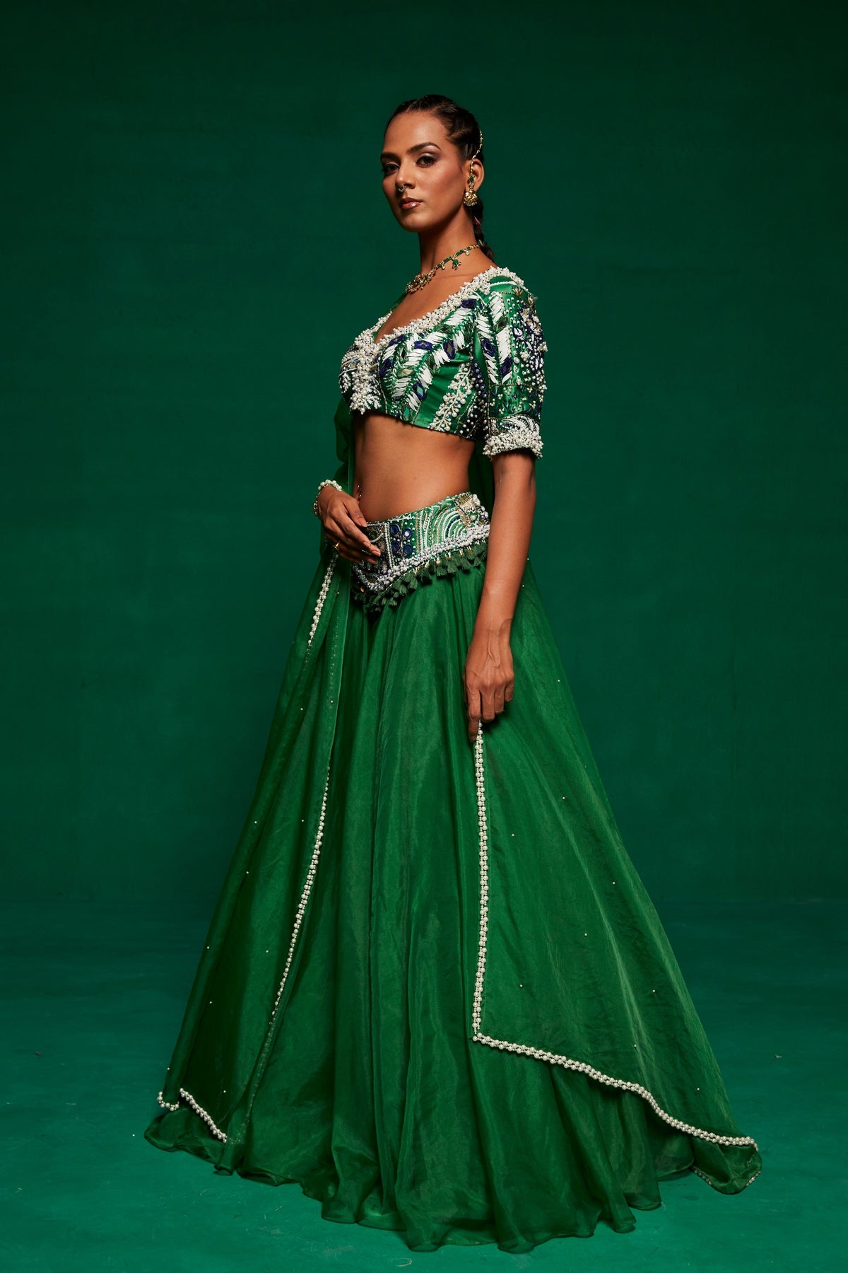 Green Organza Lehenga Set