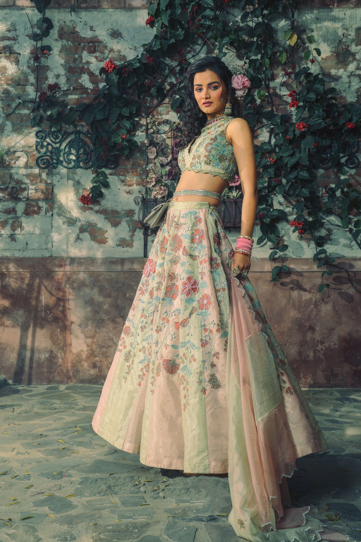 Spring Green and Melon Lehenga Set