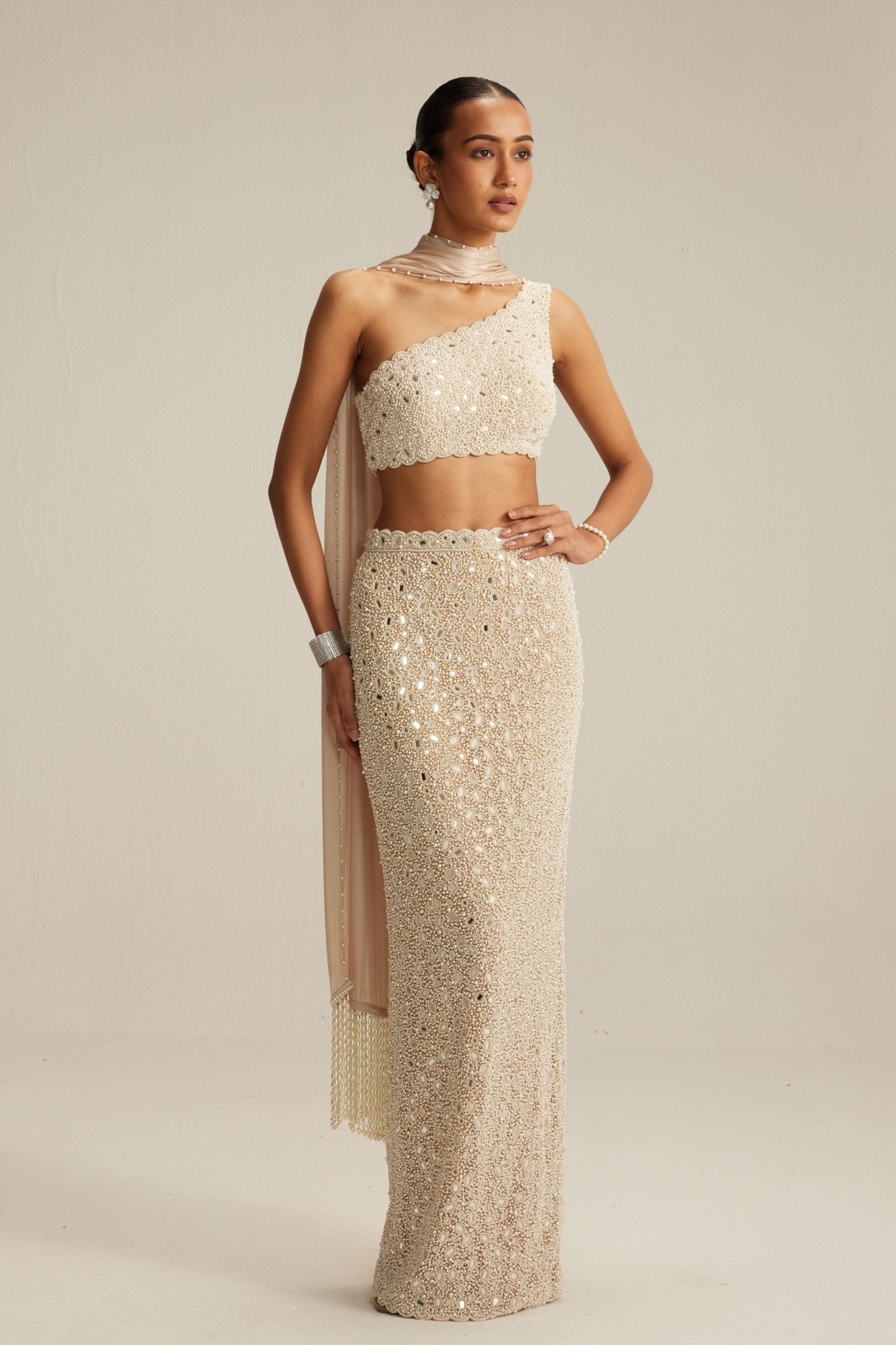 Light Beige Pencil Skirt Set - Vvani by Vani Vats - Elahe