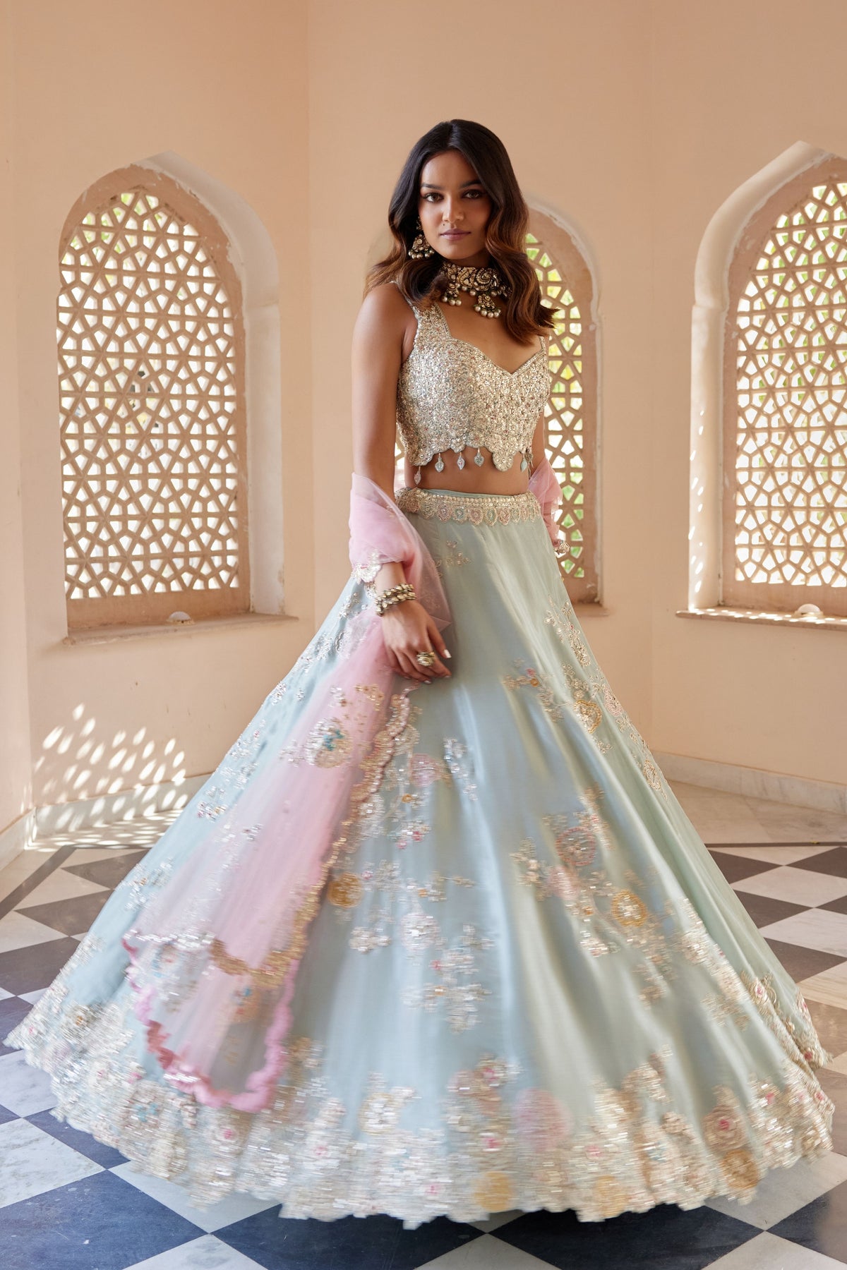 Tea Green Embroidered Lehenga Set