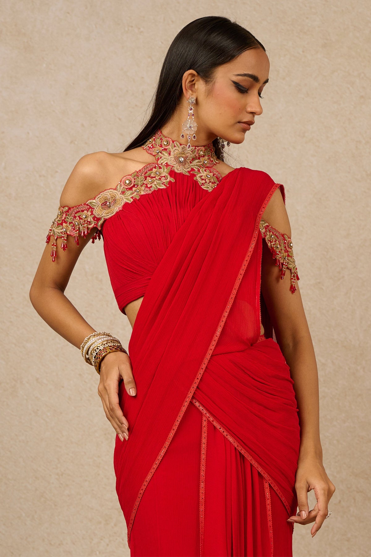 Red Off-shoulder Concept Saree