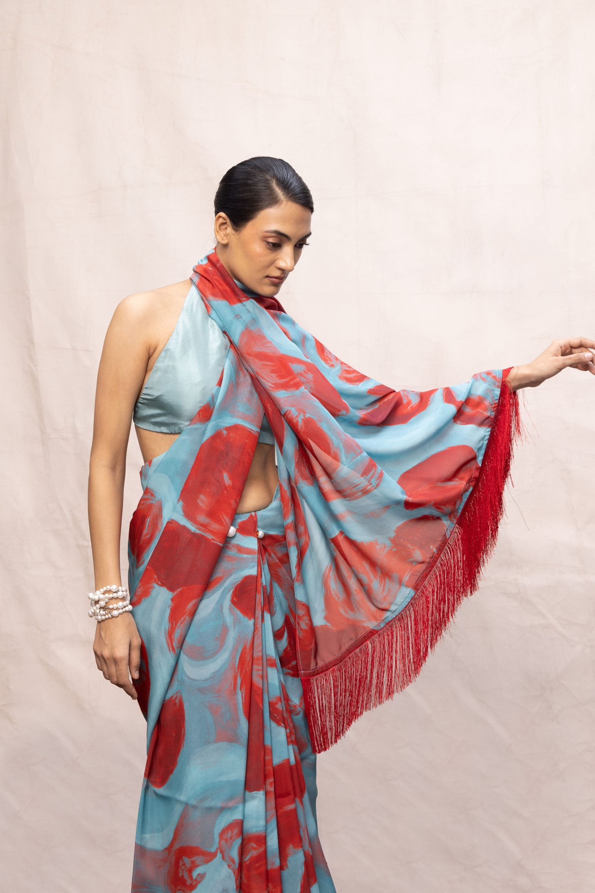 Sky Blue & Red Brush Stroke Saree