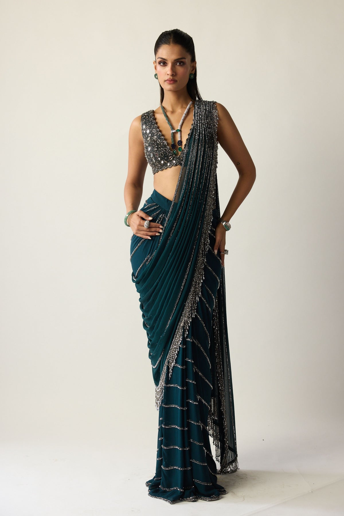 Dark Teal Linear Draped Saree