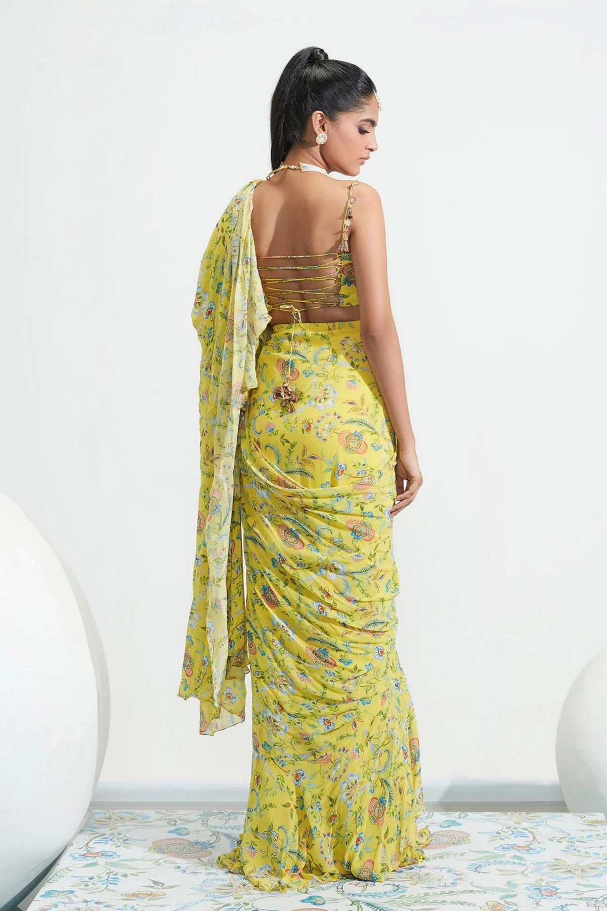 Habiba Yellow Embroidered Ruffle Draped Saree