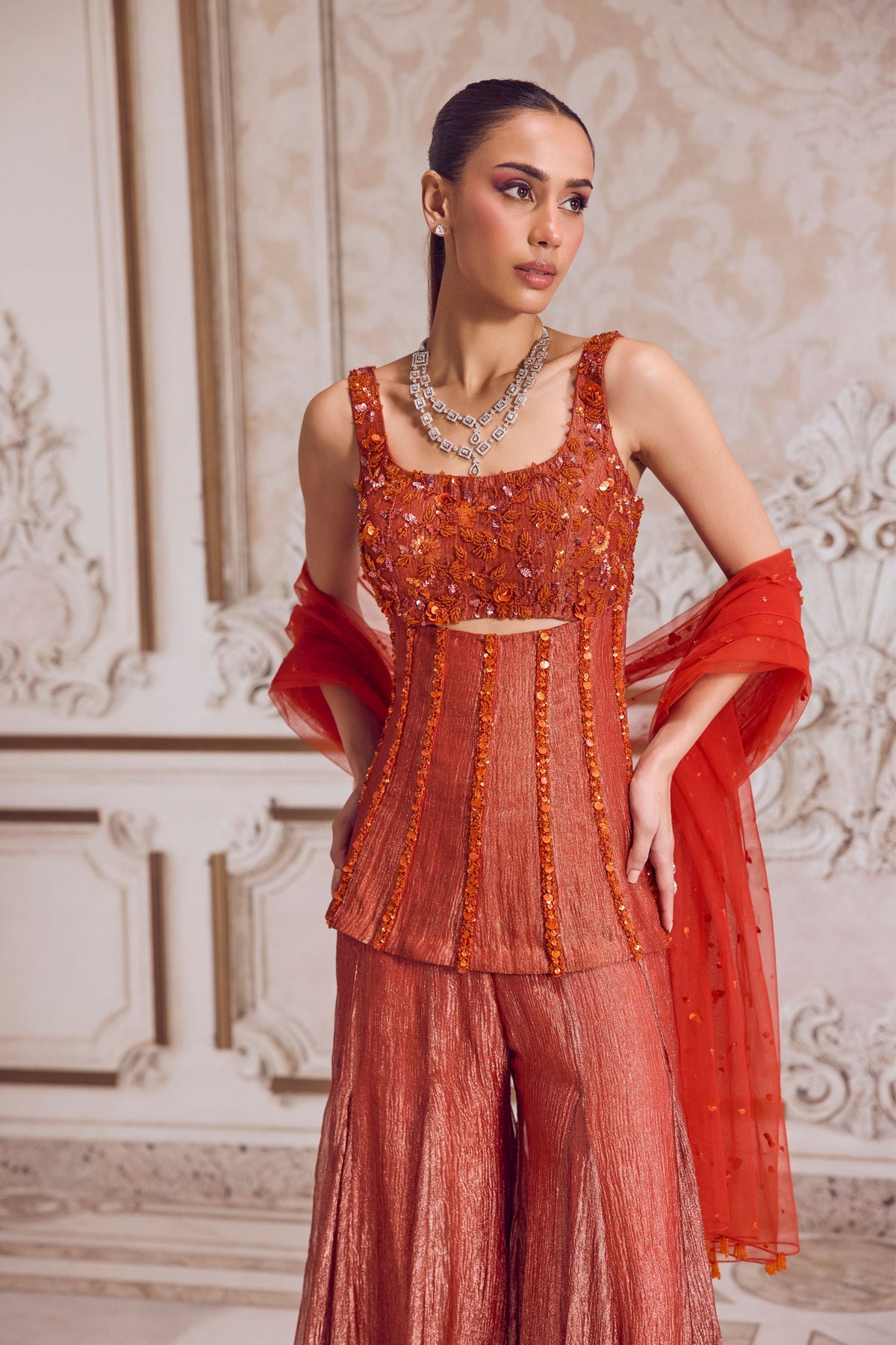 Rust Tissue Sharara Set