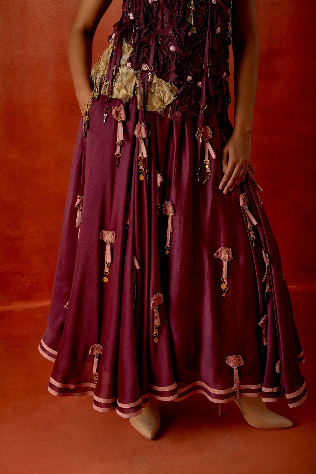 Wine Embroidered Skirt Set