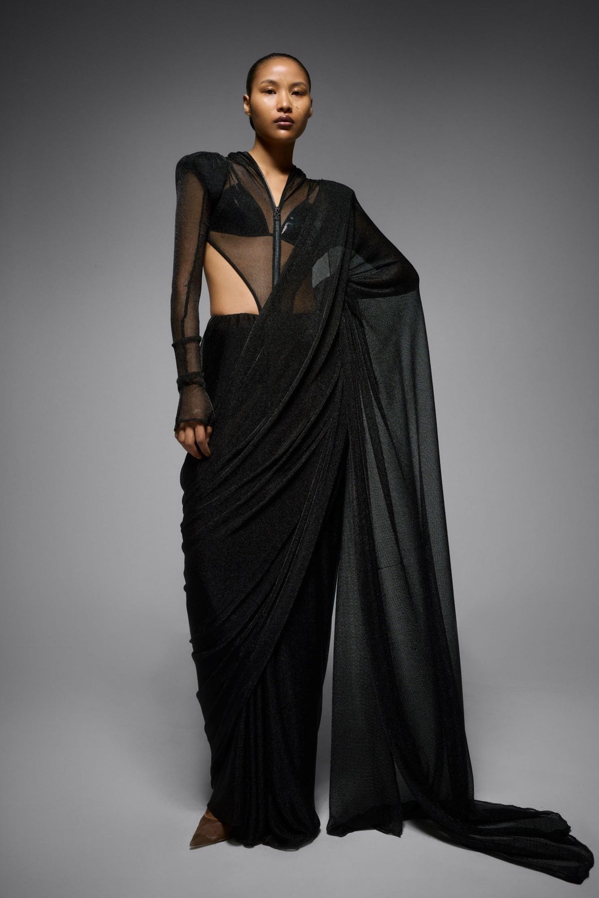 Black Mesh Saree Set