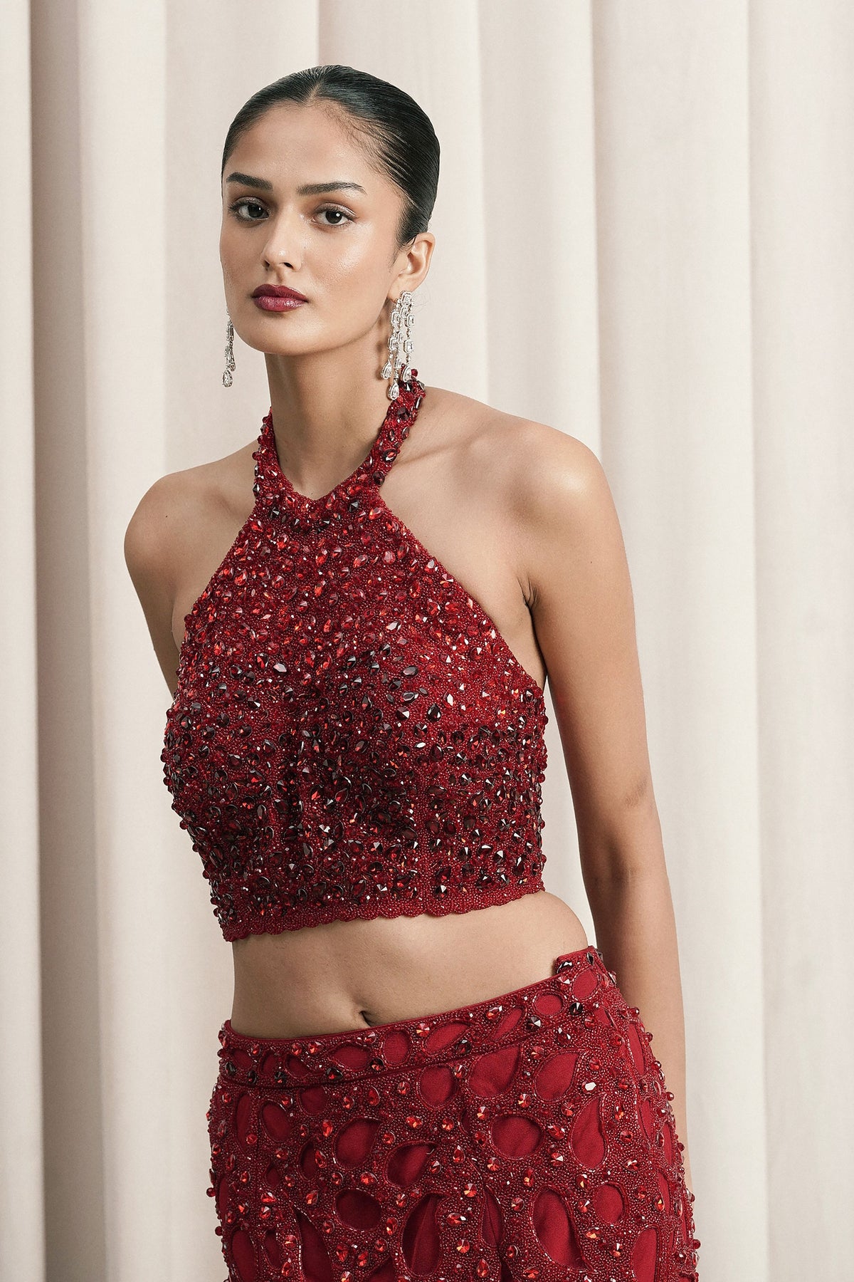Red Crystal Halter Skirt Set