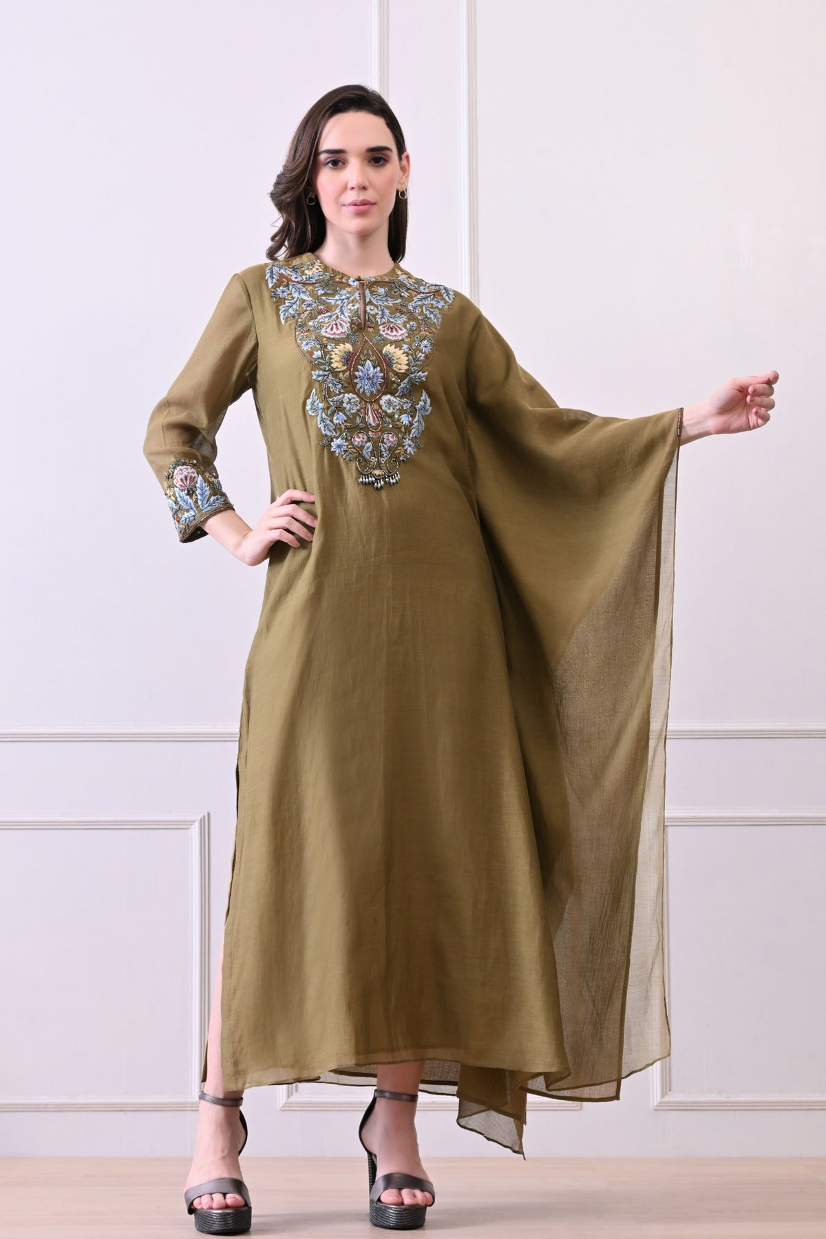 Olive Zardozi Embroidered Kaftan