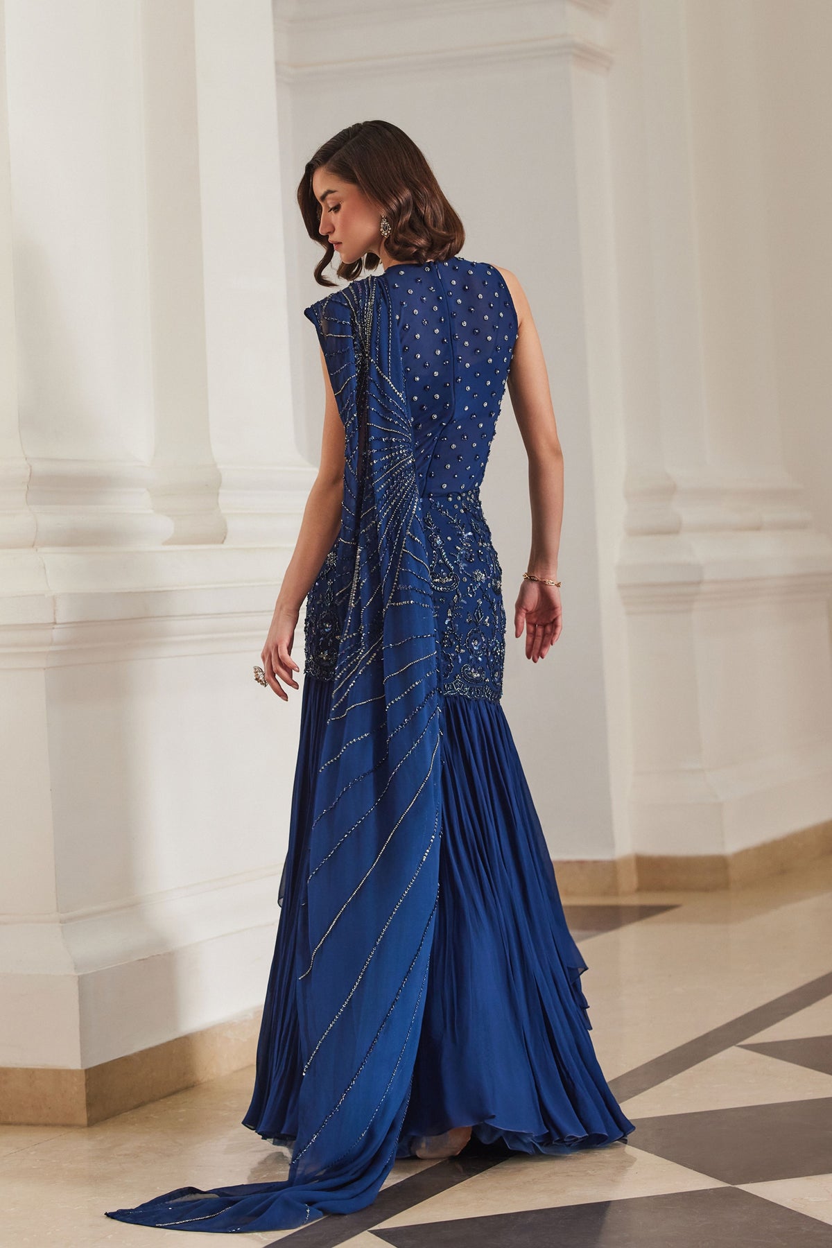 Teal Blue Saree With Bodysuit