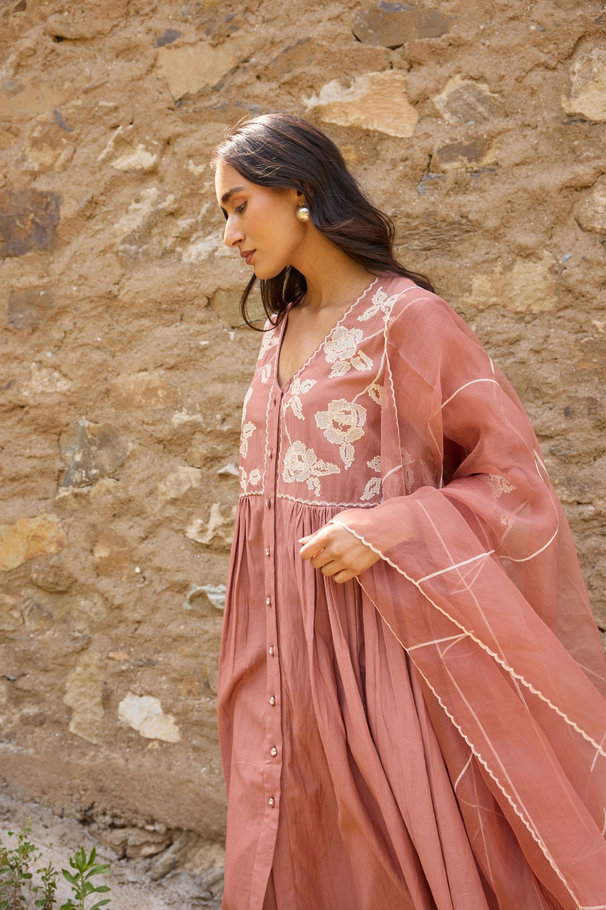 Brown Gathered Embroidered Kurta