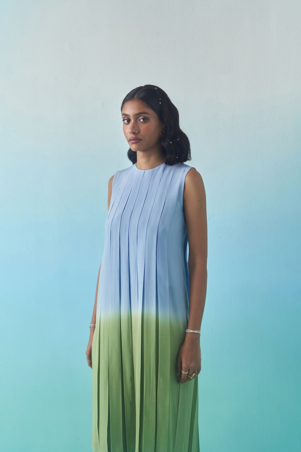 Sky & Grass Pleated Dress