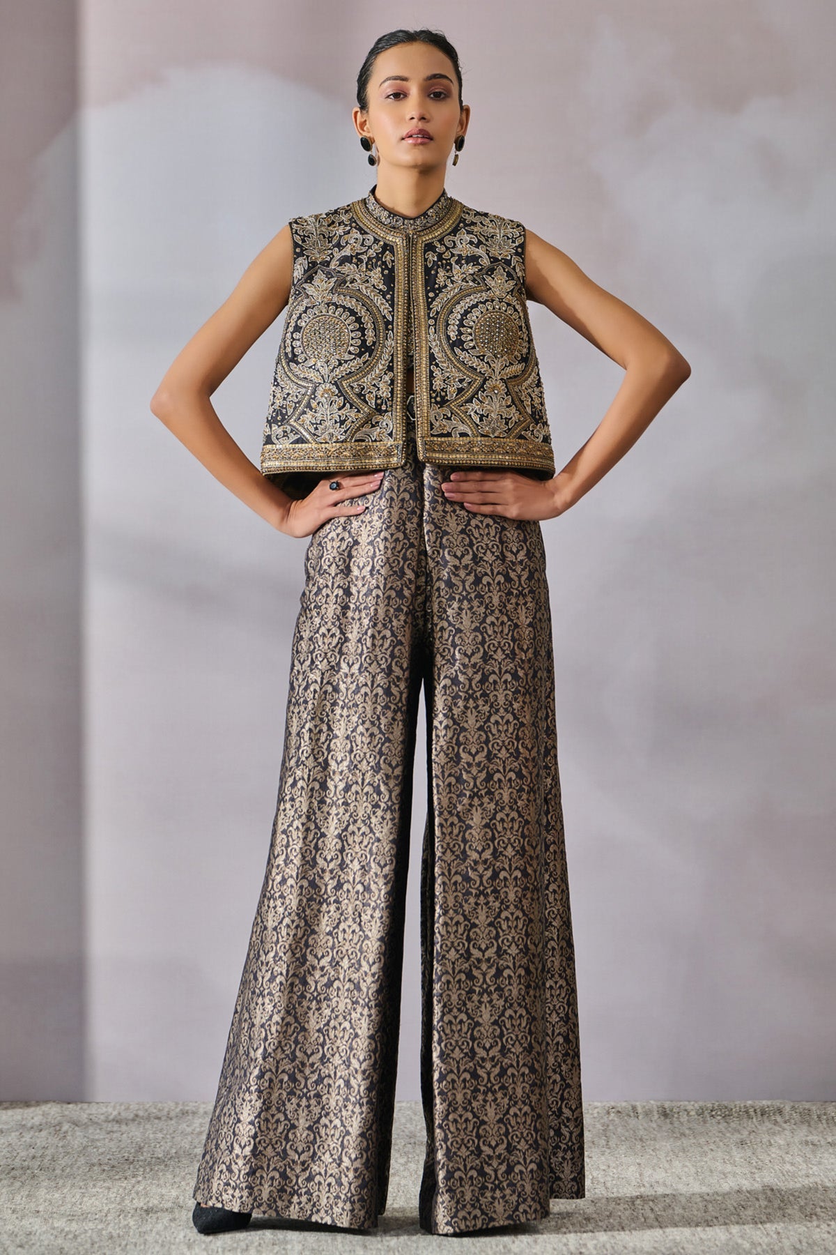 Embellished Brocade Jumpsuit With Gillet