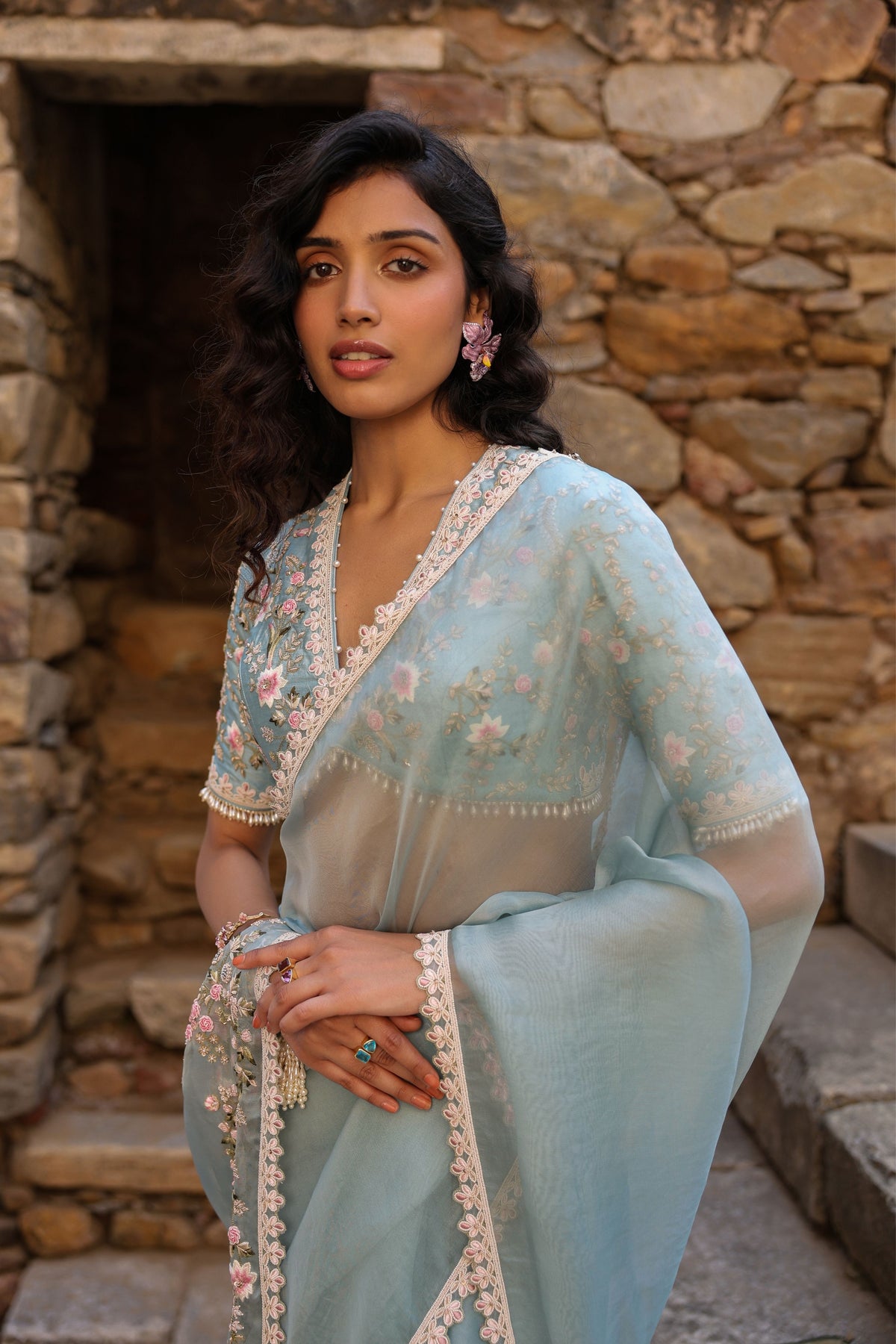 Vaayu Light Blue Phool Patti Saree Set