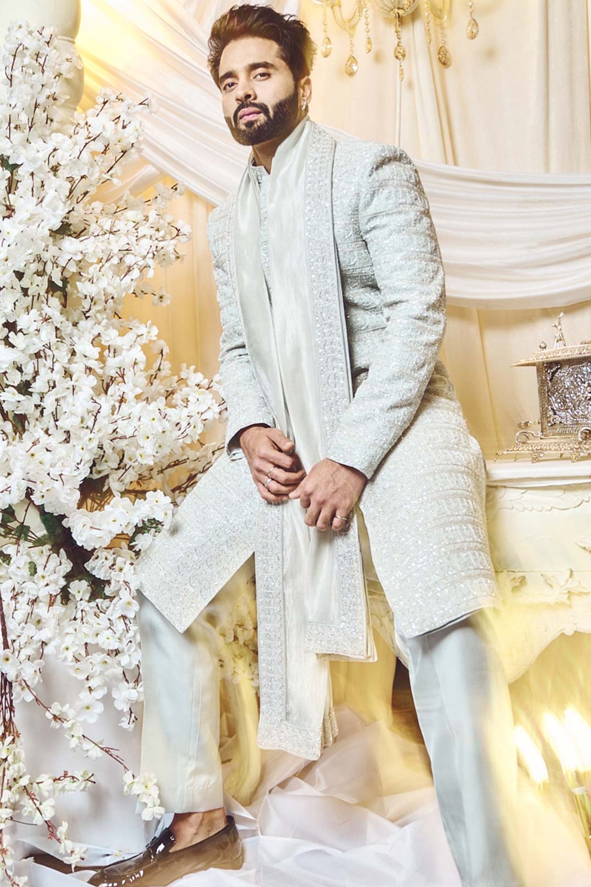 Pearl Grey Deco Sherwani Set.