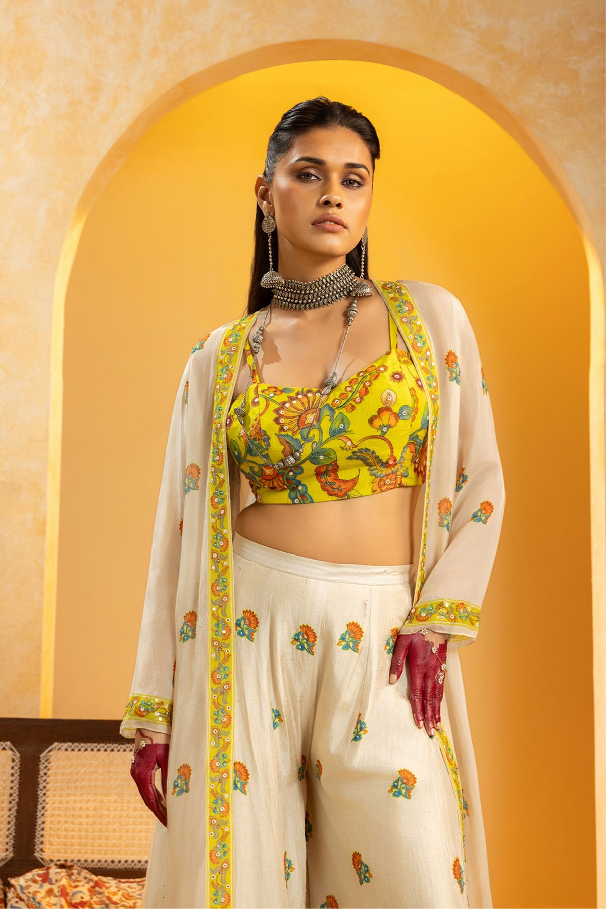 Off White Embellished Jacket Set