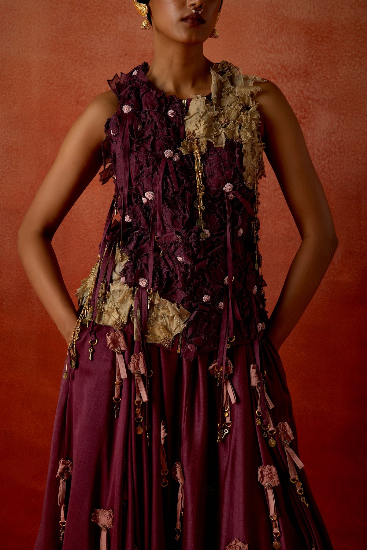 Wine Embroidered Skirt Set