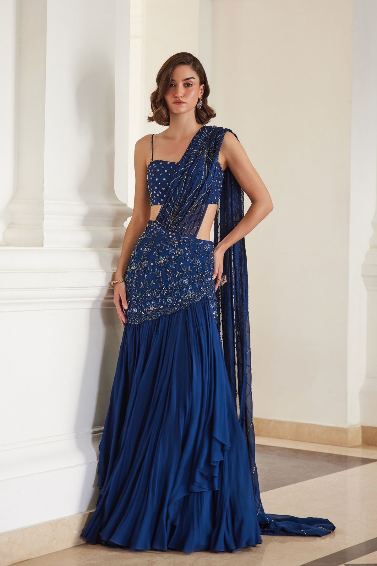 Teal Blue Saree With Bustier