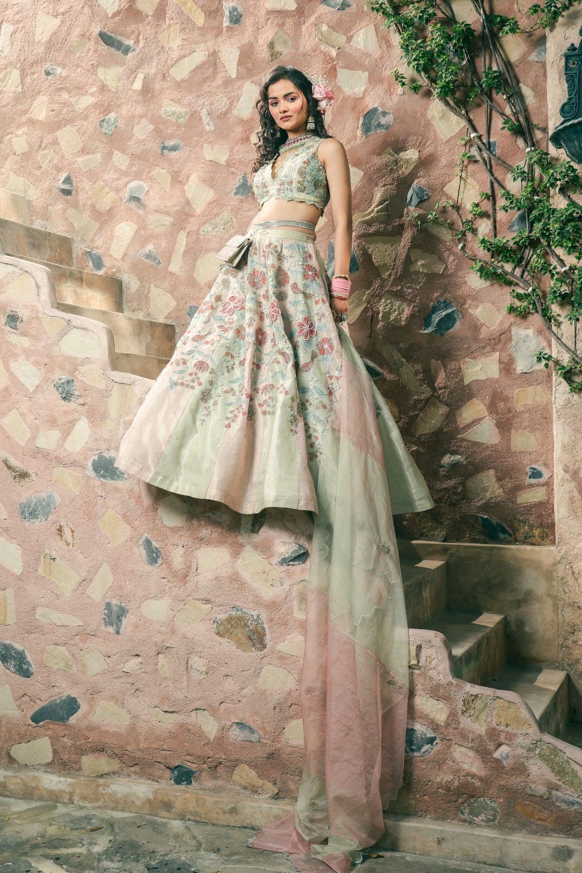 Spring Green and Melon Lehenga Set