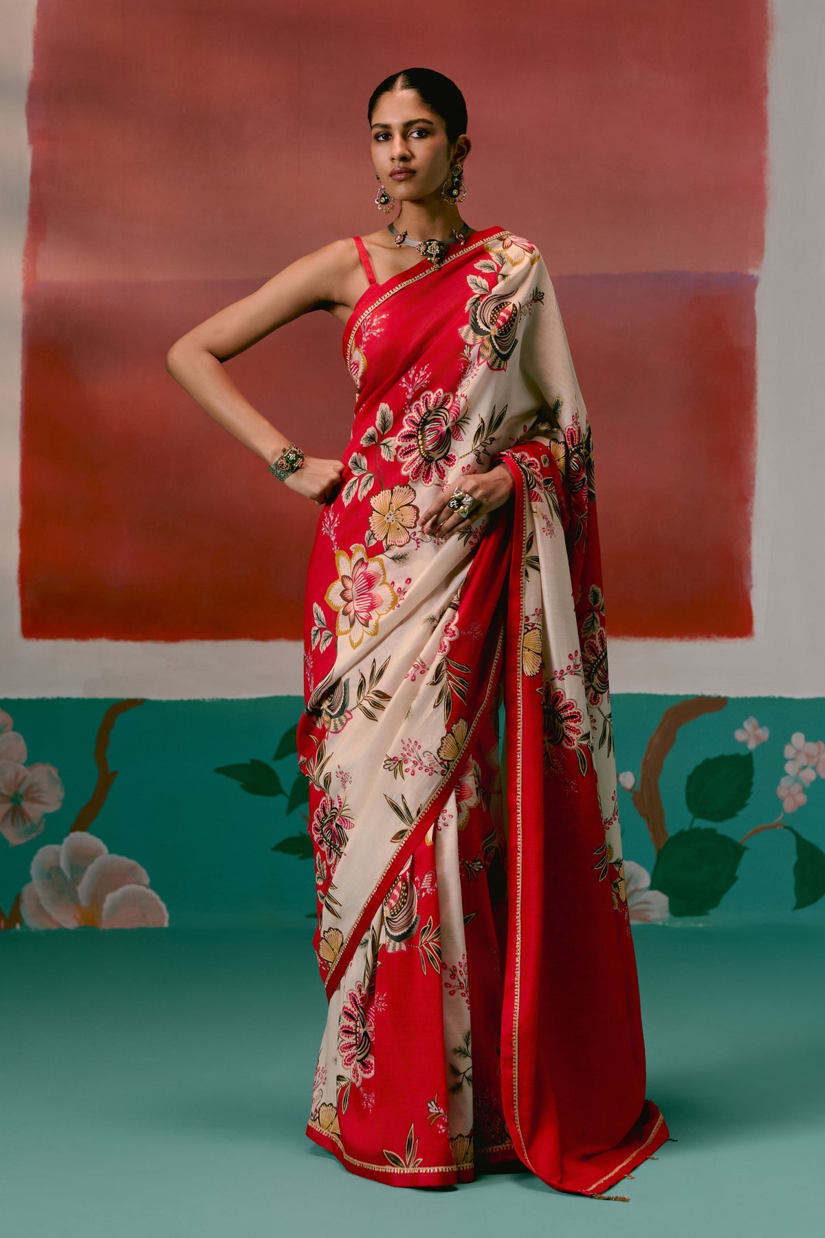 Ecru and Red Floral Saree