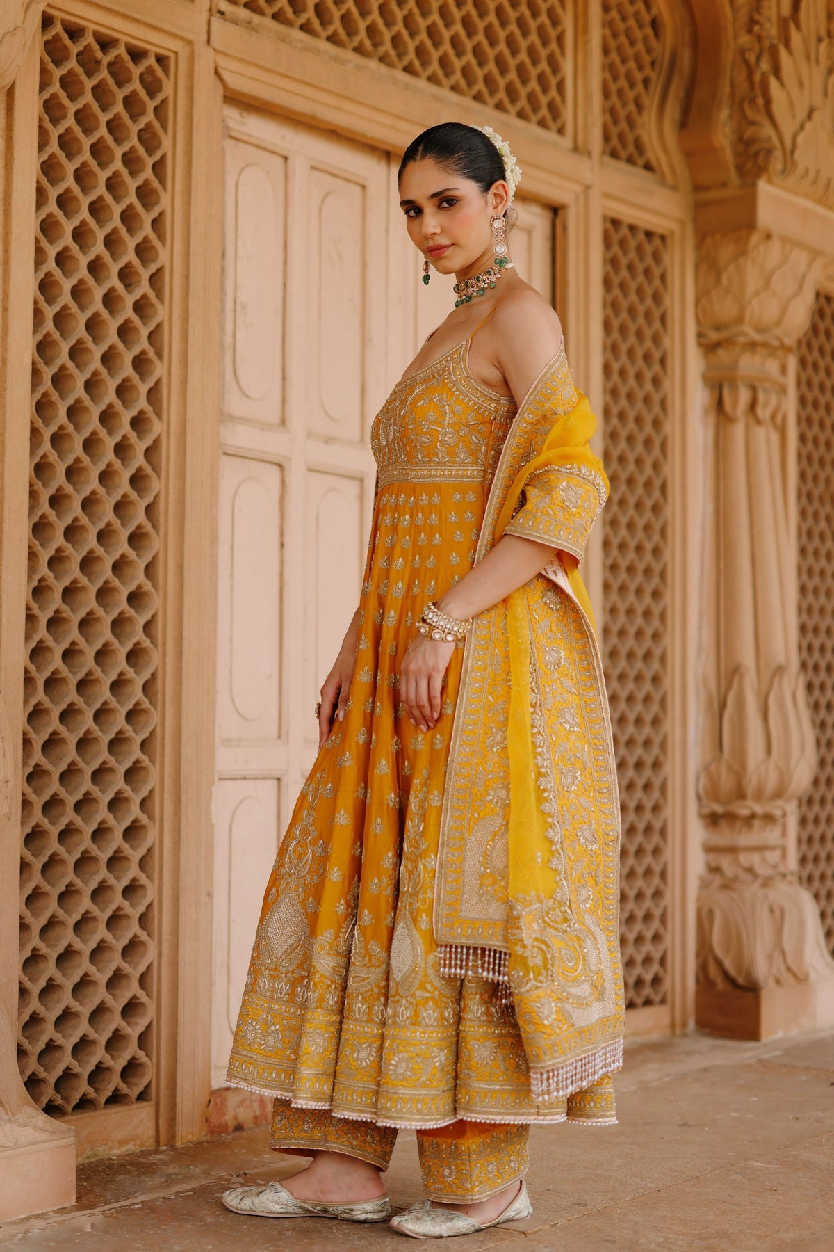 Afraa Mustard Anarkali Set