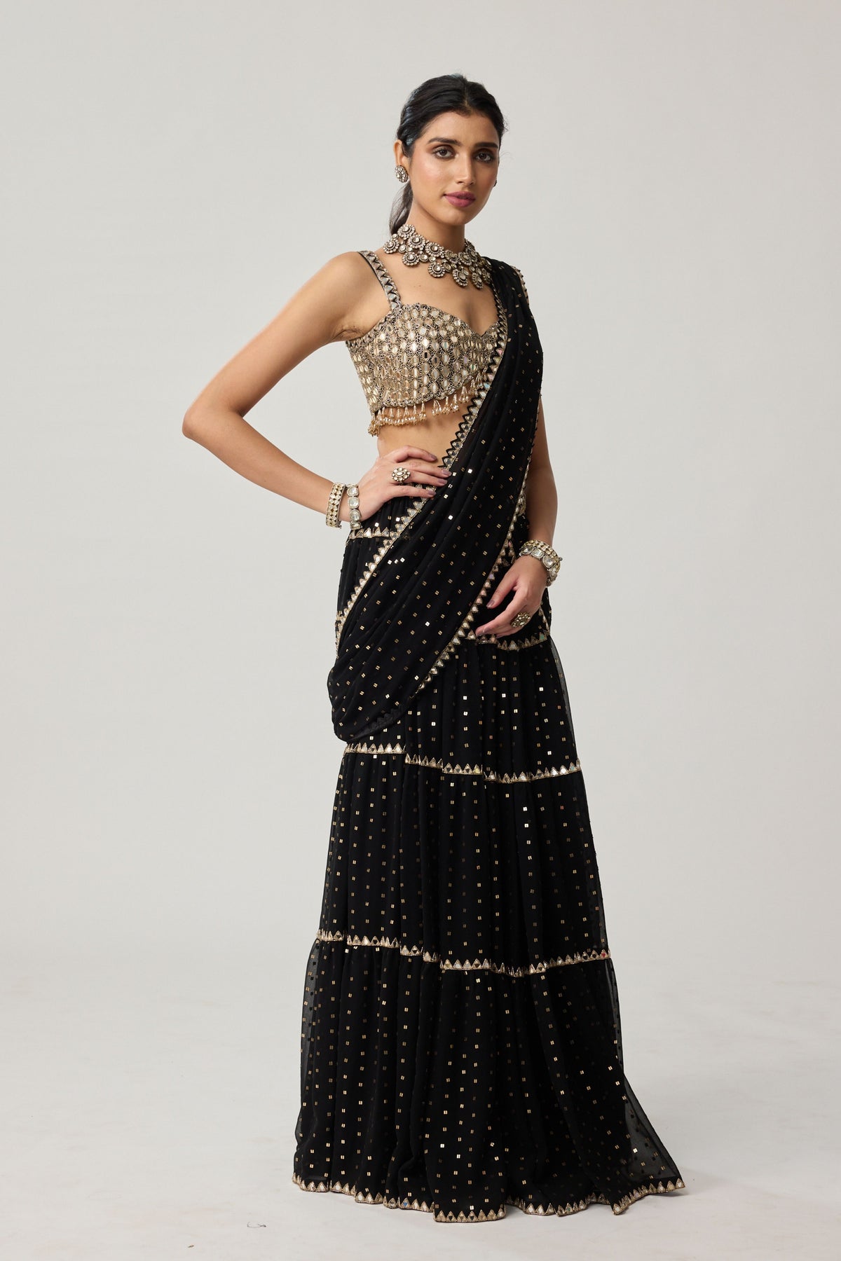 Black Multi-tier Saree Set